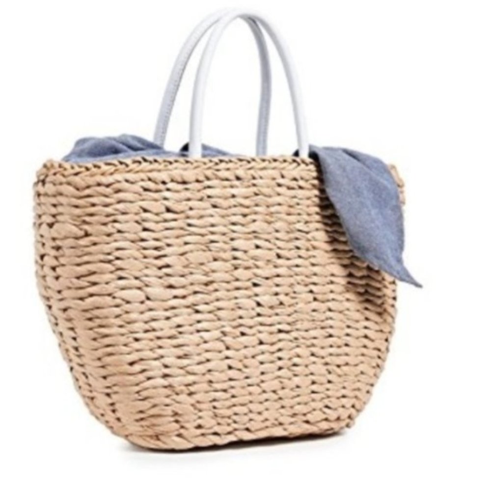 Hat Attack Natural Straw Woven Tote Handbag with Denim Flap and White Leather